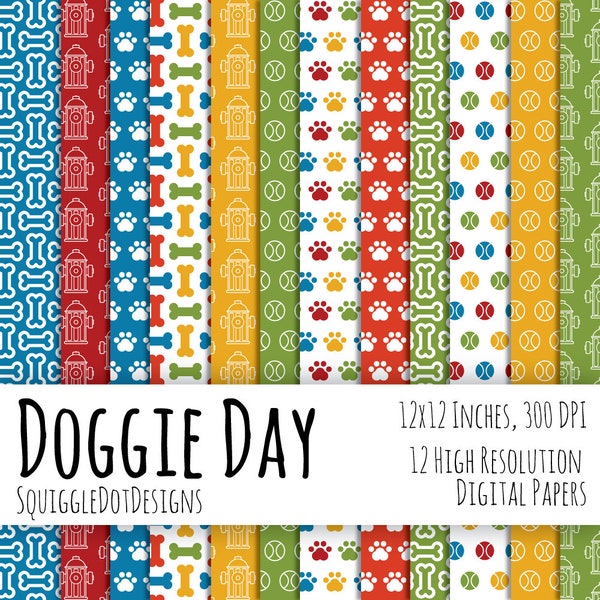 Dog Themed Digital Printable Paper for Cards, Crafts, Art and Scrapbooking Set of 12 - Doggie Day - Instant Download