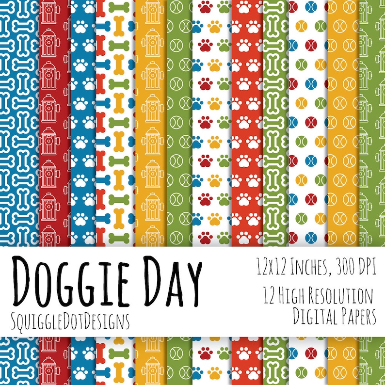 Dog Themed Digital Printable Paper for Cards, Crafts, Art and Scrapbooking Set of 12 Doggie Day Instant Download image 1