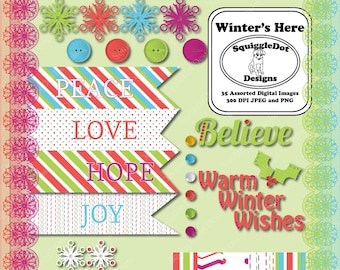 Digital Printable Clip Art Stickers for Cards, Invitations, Scrapbooking and other Crafts Set of 35 - Winter's Here - Instant Download