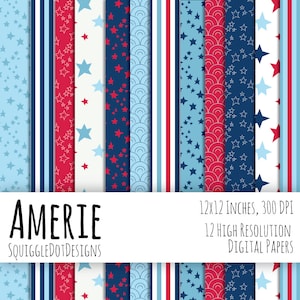Puede incluir: Doce diseños de papel digital en rojo, blanco y azul con patrones de estrellas y rayas. Los papeles son de 30,5 x 30,5 cm y 300 DPI. El texto "Amerie SquiggleDotDesigns" está en la parte inferior de la imagen.
