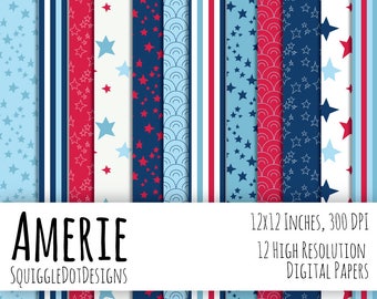 Digital 4th of July Printable Paper for Cards, Crafts, Art and Scrapbooking Set of 12 - Amerie - Instant Download in Red, White, and Blue