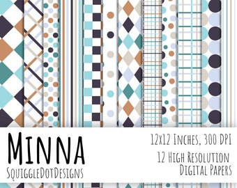 Digital Printable Paper for Cards, Crafts, Art and Scrapbooking Set of 12 - Minna - Instant Download