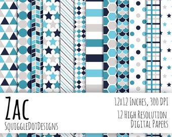 Digital Printable Paper for Cards, Crafts, Art and Scrapbooking Set of 12 - Zac - Instant Download in Blue, White, and Gray