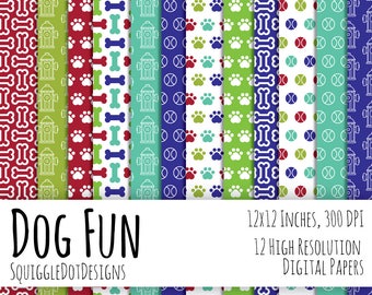 Dog Themed Digital Printable Paper for Cards, Crafts, Art and Scrapbooking Set of 12 - Dog Fun - Instant Download