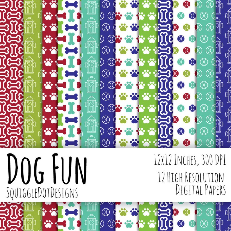 Dog Themed Digital Printable Paper for Cards, Crafts, Art and Scrapbooking Set of 12 Dog Fun Instant Download image 1