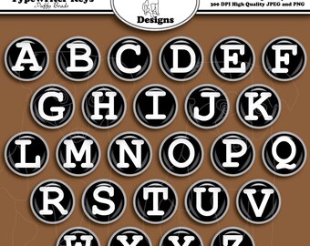 Digital Printable Brad Clip Art for Digital Scrapbooking Embellishments Set of 26 - Typewriter Keys Puffy Brads - Instant Download