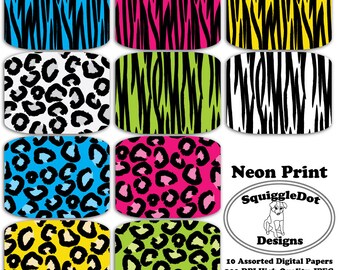 Digital Scrapbook Paper for Cards, Crafts, Baby Showers and Art  Set of 10 - Neon Print - Instant Download