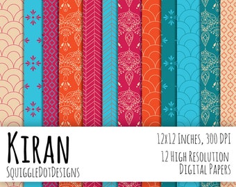 Hand Drawn Digital Printable Background Paper for Web Design, Crafts, and Scrapbooking Set of 12 - Kiran - in Blues, Orange, Pink, and Gold