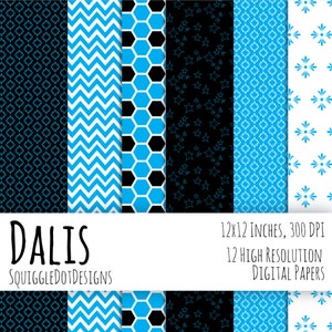 Digital Printable Paper for Cards, Crafts, Art and Scrapbooking Set of 12 Dalis Instant Download Light Blue, Black, and White zdjęcie 3