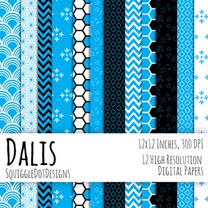 Digital Printable Paper for Cards, Crafts, Art and Scrapbooking Set of 12 Dalis Instant Download Light Blue, Black, and White zdjęcie 1