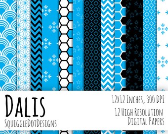 Digital Printable Paper for Cards, Crafts, Art and Scrapbooking Set of 12 - Dalis - Instant Download - Light Blue, Black, and White