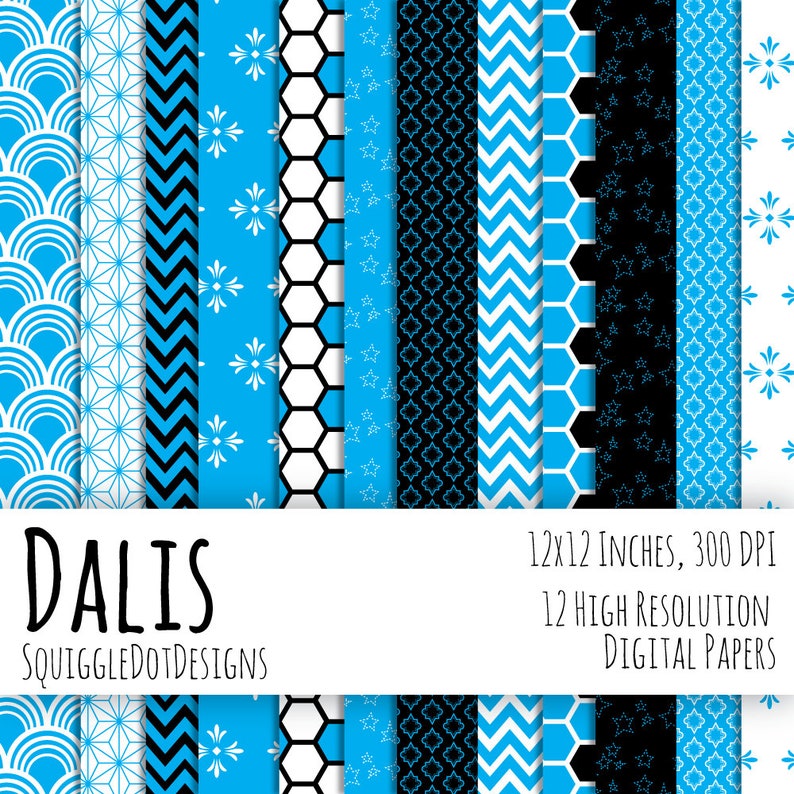 Digital Printable Paper for Cards, Crafts, Art and Scrapbooking Set of 12 Dalis Instant Download Light Blue, Black, and White zdjęcie 1