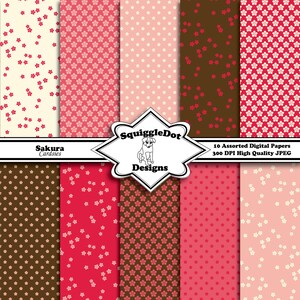 Puede incluir: Diez diseños de papel digital con un patrón repetitivo de flores de cerezo rosas y blancas sobre fondos de colores variados. Los papeles son de 300 DPI y JPEG de alta calidad. El texto "SquiggleDot Designs" está en el centro de la imagen.