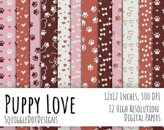 Digital Printable Paper for Cards, Crafts, Art and Scrapbooking Set of 12 - Puppy Love - Instant Download