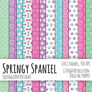 Papel imprimible digital con temática de perros para tarjetas, manualidades y álbumes de recortes, juego de 12 - Springy Spaniel - Descarga instantánea para primavera o Pascua