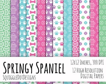 Dog Themed Digital Printable Paper for Cards, Crafts, and Scrapbooking Set of 12 - Springy Spaniel - Instant Download for Spring or Easter