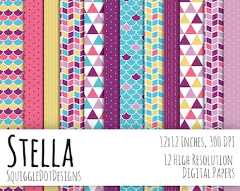 Geometric Digital Printable Paper for Cards, Crafts, Art and Scrapbooking Set of 10 - Stella - Instant Download