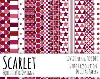 Digital Printable Paper for Cards, Crafts, Art and Scrapbooking Set of 12 - Scarlet - Instant Download - Red, Pink, and White