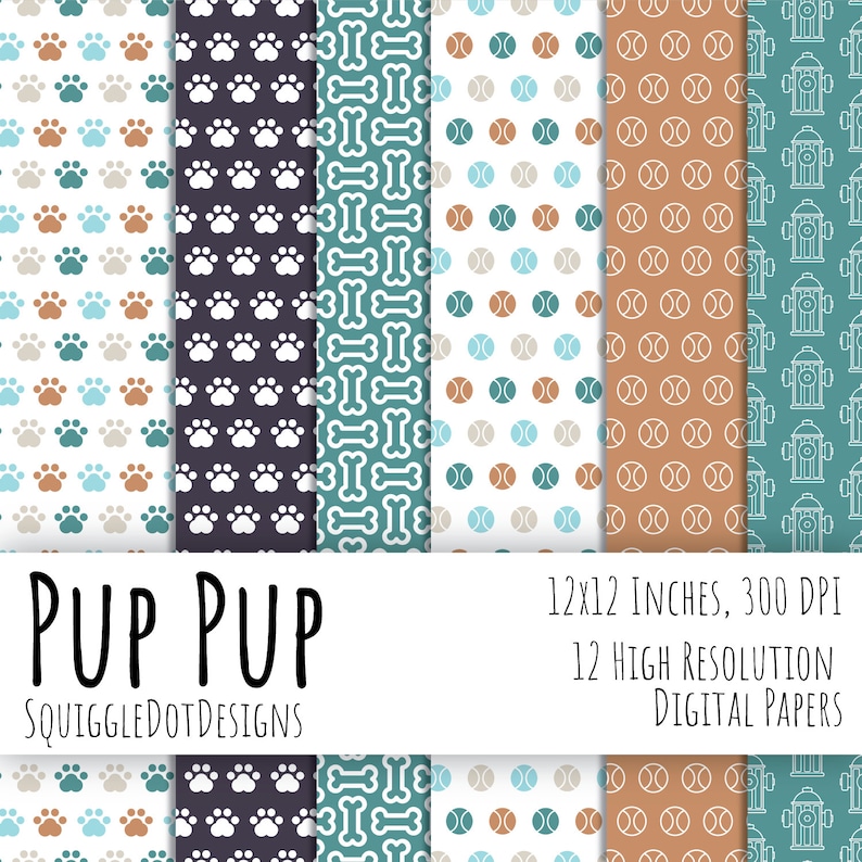 Dog Themed Digital Printable Paper for Cards, Crafts, Art and Scrapbooking Set of 12 Pup Pup Instant Download image 3