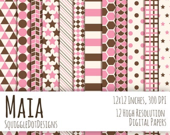 Digital Printable Paper for Cards, Crafts, Art and Scrapbooking Set of 12 - Maia - Instant Download in Baby Pink, Cream, and Brown