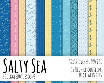 Beach Themed Digital Printable Background Paper for Web Design, Crafts, and Scrapbooking Set of 12 - Salty Sea - in Blues, Yellow, and Pink