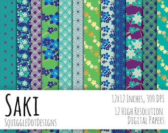 Papel de fondo imprimible digital de estilo japonés para diseño web, artesanías y scrapbooking conjunto de 12 - Saki - en azul, oro, verde, púrpura
