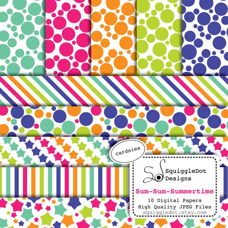 Digital Scrapbook Paper for Cards, Small Crafts, Invitations and Mini Albums Set of 10 Sum-Sum-Summertime Cardsies Instant Download image 1