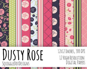 Ensemble de 12 papiers de fond numériques imprimables avec des roses pour la conception Web, les travaux manuels et le scrapbooking - vieux rose - en rose, vert, bleu