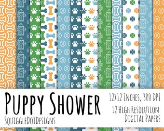 Dog Themed Digital Printable Paper for Cards, Crafts, Art and Scrapbooking Set of 12 - Puppy Shower - Instant Download