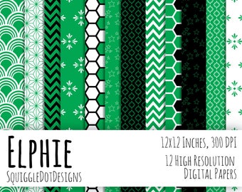 Digital Printable Paper for Cards, Crafts, Art and Scrapbooking Set of 12 - Elphie - Instant Download - Bright Green, Black, and White