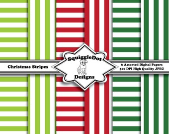 Digital Printable Christmas Paper for Cards, Crafts, Art and Scrapbooking Set of 6 - Christmas Stripes - Instant Download
