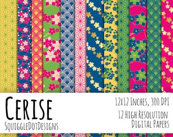 Japanese Style Digital Printable Background Paper for Web Design, Crafts, and Scrapbooking Set of 12 - Cerise - in Blue, Gold, Pink, Green