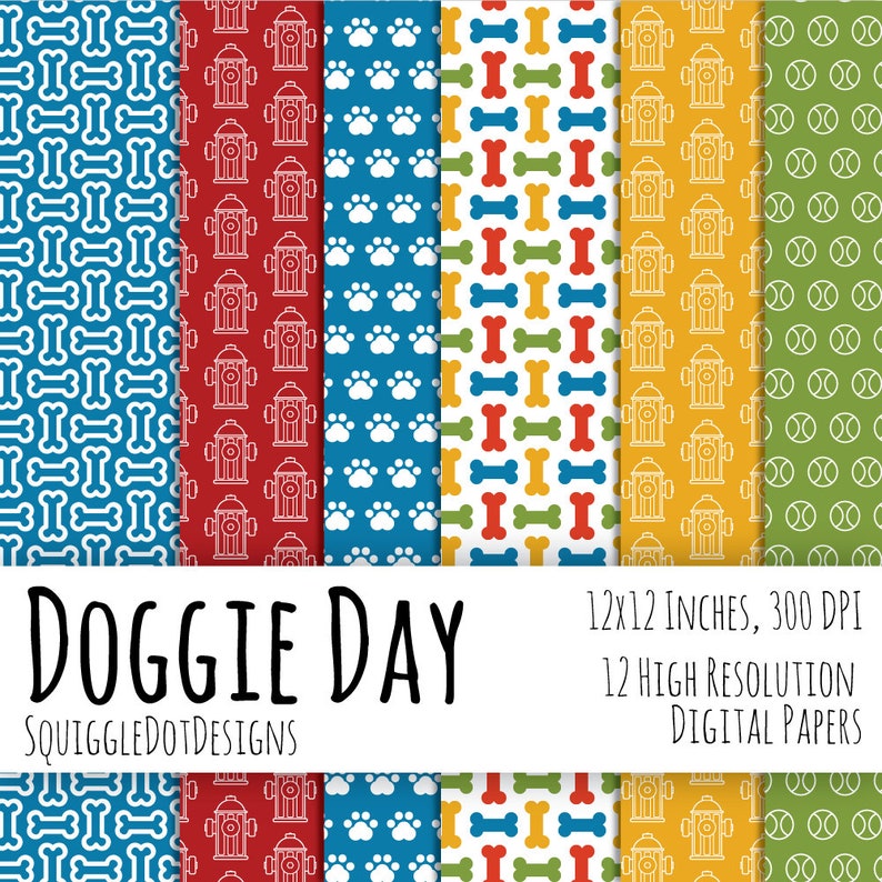 Dog Themed Digital Printable Paper for Cards, Crafts, Art and Scrapbooking Set of 12 Doggie Day Instant Download image 2