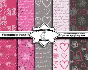 Digital Printable Paper for Cards, Crafts, Art and Scrapbooking Set of 10 - Valentine's Punk - Instant Download