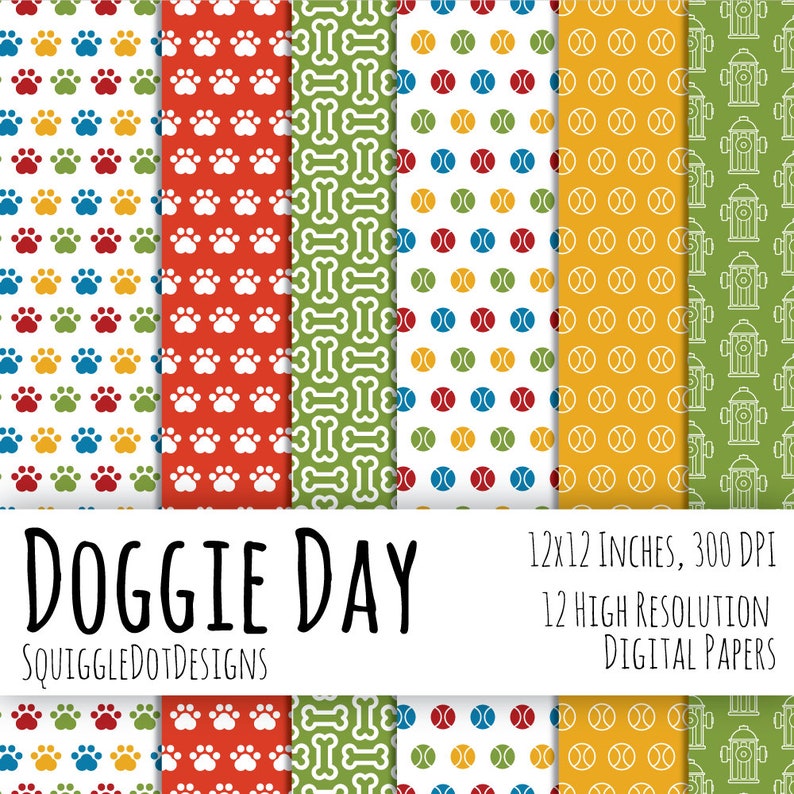 Dog Themed Digital Printable Paper for Cards, Crafts, Art and Scrapbooking Set of 12 Doggie Day Instant Download image 3
