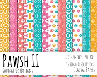 Dog Themed Digital Printable Paper for Cards, Crafts, Art and Scrapbooking Set of 12 - Pawsh II - Instant Download