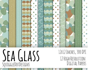 Meer Thema Digital bedruckbare Papier für Karten, Handwerk, Kunst und Scrapbooking-Set von 12 - Meeresglas - sofortiger Download in grün, blau & Braun