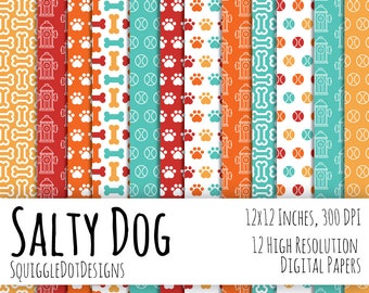 Dog Themed Digital Printable Paper for Cards, Crafts, Art and Scrapbooking Set of 12 - Salty Dog - Instant Download