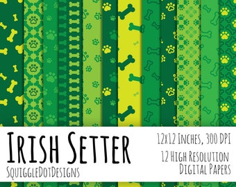 Dog Themed Digital Printable Paper for Cards, Crafts, Art and Scrapbooking Set of 12 - Irish Setter - Instant Download in Green