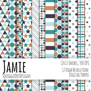 Papel imprimible digital para tarjetas, manualidades, arte y álbumes de recortes, juego de 12 - Jamie - Descarga instantánea en azul, blanco y verde azulado