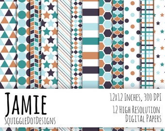 Digital bedruckbares Papier für Karten, Kunsthandwerk, Kunst und Scrapbooking von 12 Stück - Jamie - Sofortiger Download in Blau, Weiß und Türkis