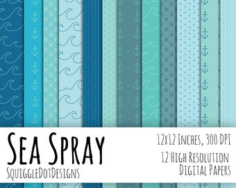 Ocean Themed Digital Printable Background Paper for Web Design, Crafts, and Scrapbooking Set of 12 - Sea Spray - in Blues and greens