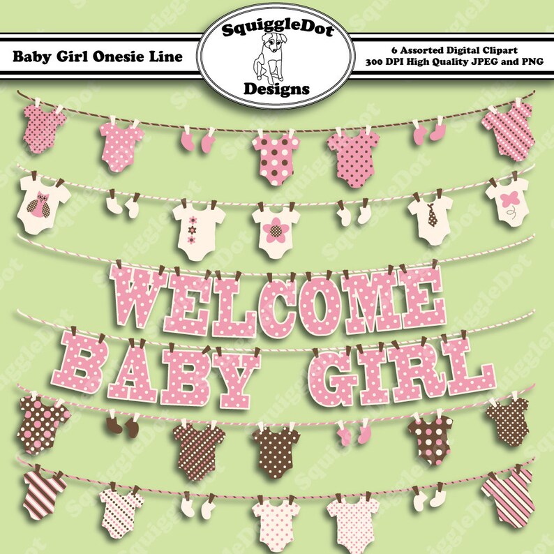 Printable Clip Art for Digital Scrapbooking for Cards, Crafts, Art and Scrapbooking Set of 6 Baby Girl Onesie Line Instant Download image 1