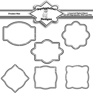 May include: Six black and white frame outlines in different shapes, including a square, rectangle, and oval. The frames are perfect for adding a vintage touch to your digital designs.