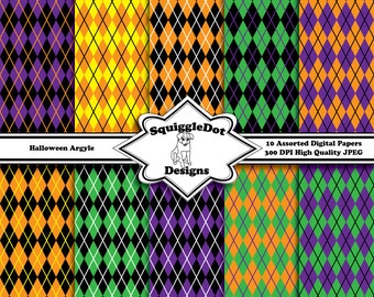 Halloween Digital Printable Paper Pack for Cards, Crafts, Art and Scrapbooking Set of 10 - Halloween Argyle - Instant Download