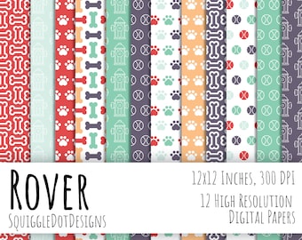 Dog Themed Digital Printable Paper for Cards, Crafts, Art and Scrapbooking Set of 12 - Rover - Instant Download
