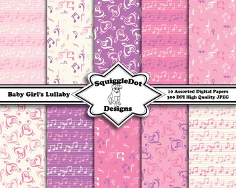 Digital Printable Paper for Cards, Crafts, Art and Scrapbooking Set of 10 - Baby Girl's Lullaby - Instant Download