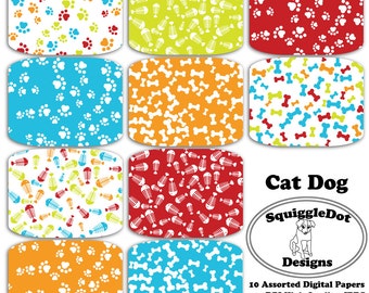 Digital Paper for Cards, Crafts, and Scrapbooking Printable Set of 10 - Cat Dog - Instant Download