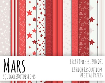 Digital bedruckbare Hintergrundpapier mit Sternen für Web-Design, Handwerk und Scrapbooking Set von 12 - Mars - in rot, Silber und weiß