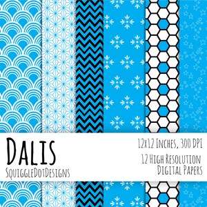 Digital Printable Paper for Cards, Crafts, Art and Scrapbooking Set of 12 Dalis Instant Download Light Blue, Black, and White zdjęcie 2